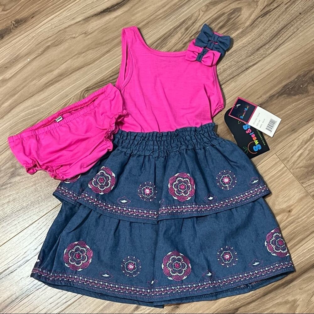 NWT Sweet & Soft Paris Pink & Denim Dress & Bloomer Set 24 Months